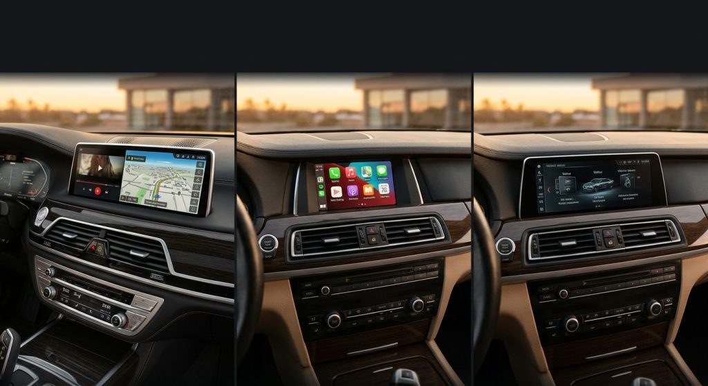 Bright left-hand-drive car interior with a touchscreen showing app icons and a small adapter box on the console