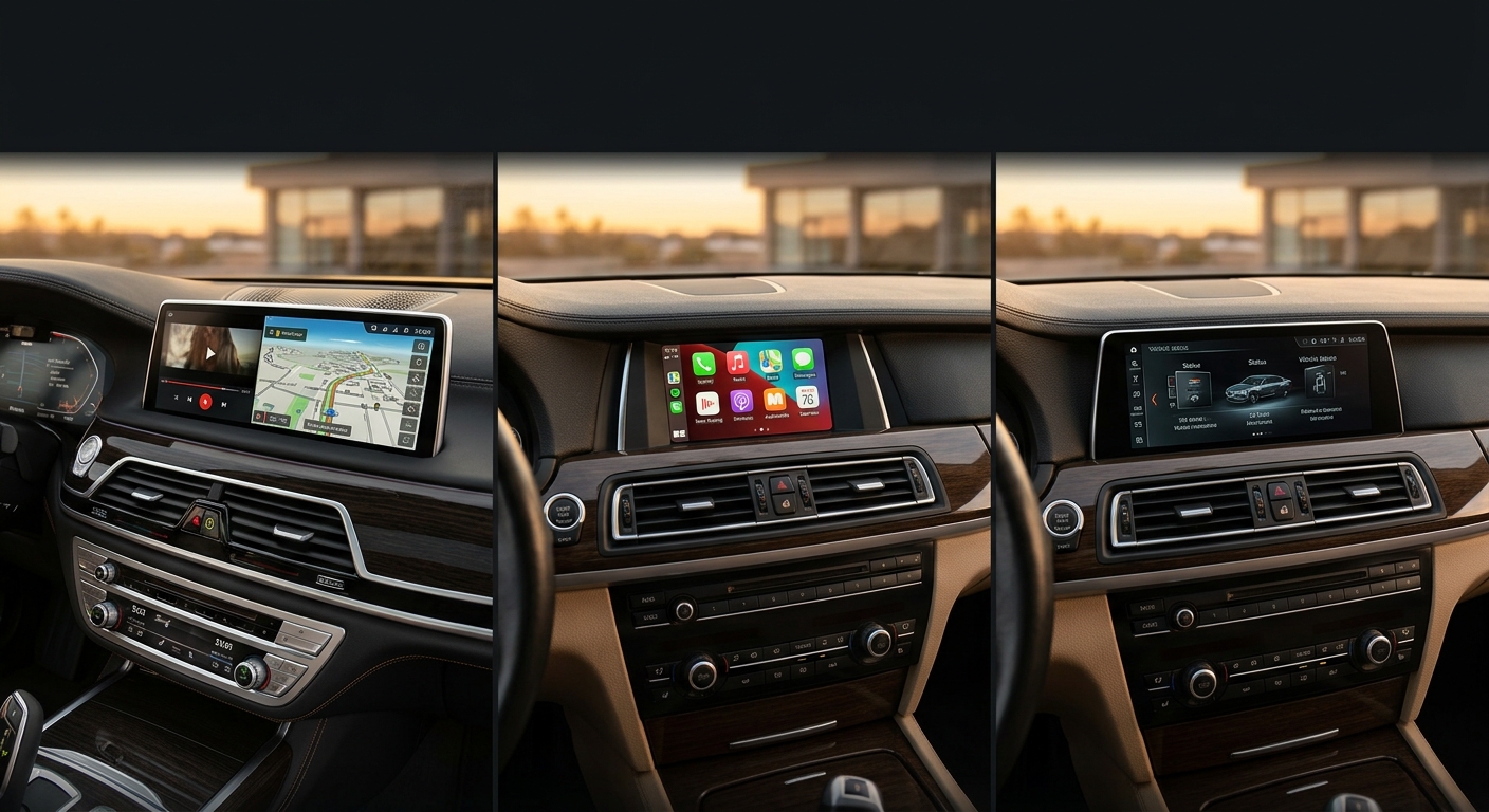 Bright left-hand-drive car interior with a touchscreen showing app icons and a small adapter box on the console