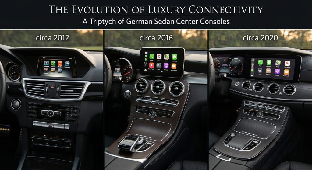 Left-hand-drive car interior with a lit touchscreen and a small adapter box on the center console