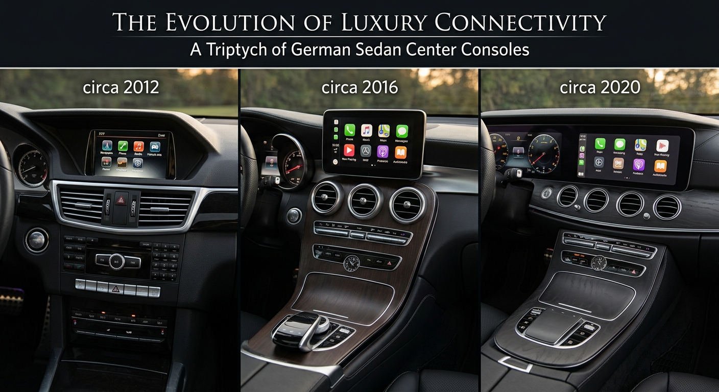 Left-hand-drive car interior with a lit touchscreen and a small adapter box on the center console